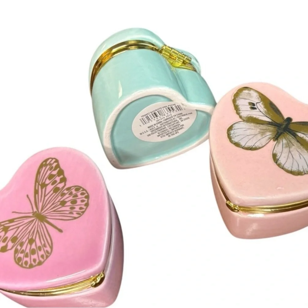 Heart Butterfly Trinket Boxes Set of 5 Pink Mint Gold Decor